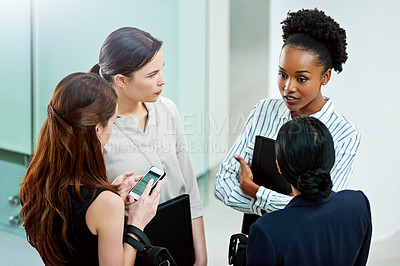Buy stock photo Business people, planning and talking on project in office, teamwork and women for conversation. Employees, lobby and speaking on company growth, communication and high angle or collaboration on idea