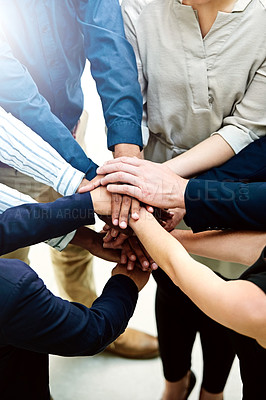 Buy stock photo Business people, hands and pile for teamwork solidarity or partnership as b2b project, target or goals. Colleague, circle and tech startup or community collaboration with stack, huddle or support