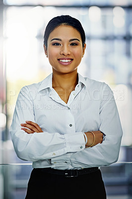 Buy stock photo Asian businesswoman, portrait and office with arms crossed, smile and confidence for goals. Corporate lawyer, professional law firm and expert attorney for success, management and startup workspace