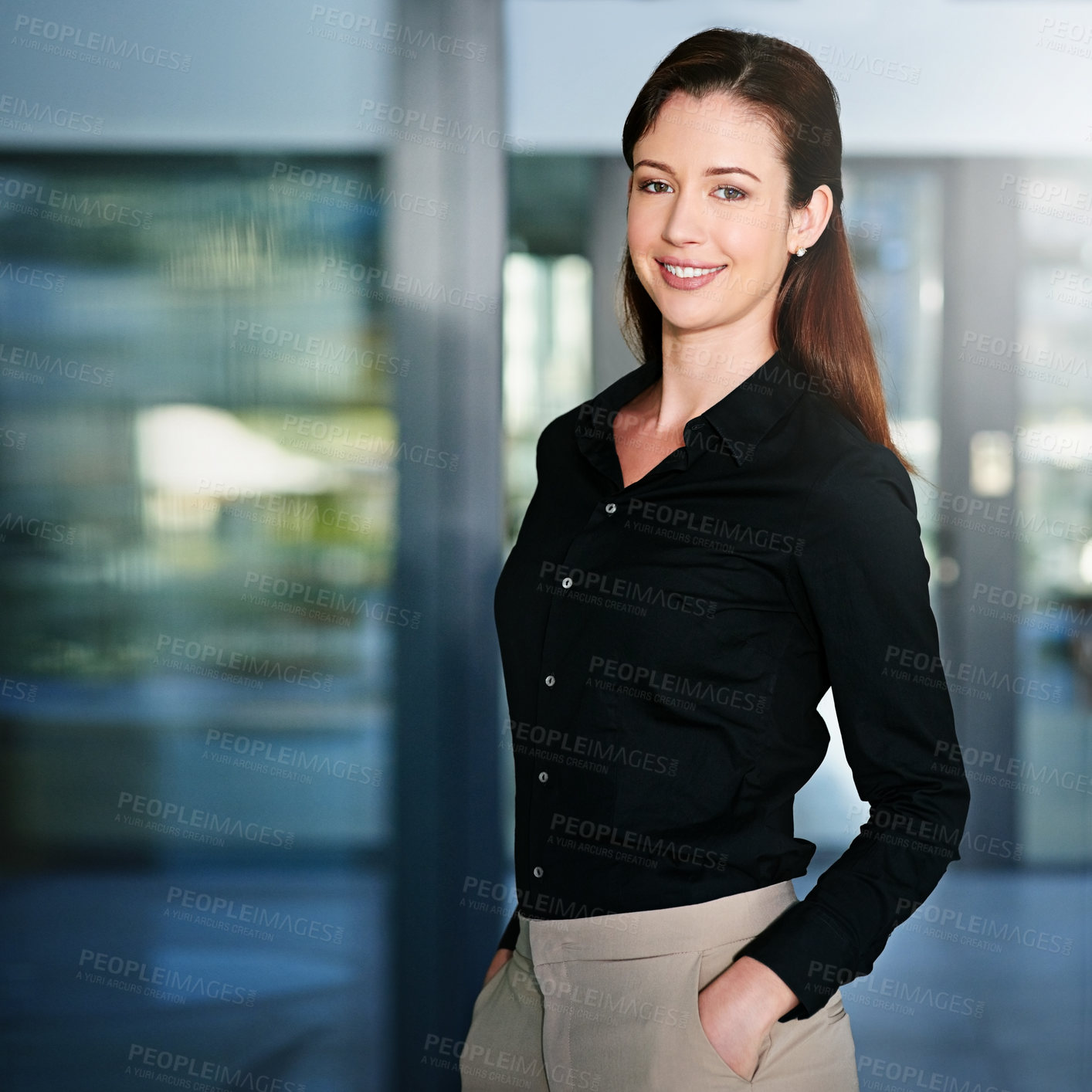 Buy stock photo Business, girl and happy portrait in office for internship at corporate company for administrative work or tasks for developing skills. Female intern, professional and confident for future career.