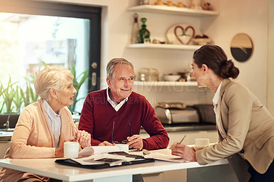 Buy stock photo Senior couple, financial advisor and documents for bills, budget or retirement plan in expenses at home. Elderly man and woman in finance discussion with consultant or lawyer for paperwork or loan