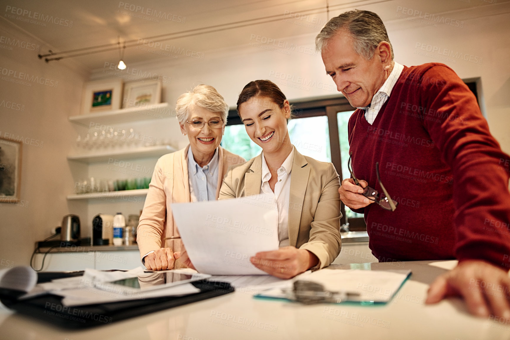 Buy stock photo Senior couple, financial advisor and documents for investment, budget or retirement plan at home. Elderly man and woman in finance discussion with consultant or lawyer for paperwork, loan or planning