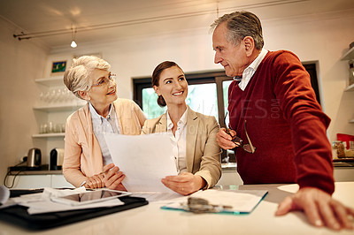 Buy stock photo Senior couple, lawyer and documents for budget planning, bills or retirement plan at home. Happy elderly man and woman in finance discussion with consultant or financial advisor for paperwork or loan
