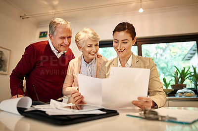 Buy stock photo Senior couple, lawyer and documents for retirement finance, bills or investment at home. Happy elderly man and woman in finance discussion with consultant or financial advisor for paperwork or loan