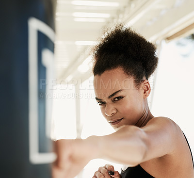 Buy stock photo Boxer, black woman and fitness as boxing in outdoor for workout or training with motivation for health or wellness as fighter. Active, female person and exercise with strength or cardio at home
