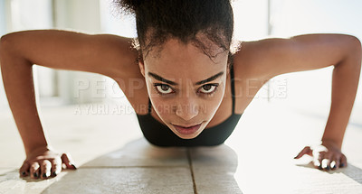 Buy stock photo Black woman, portrait and push up for fitness in outdoor for workout or training with energy for health or wellness. Active, female person and physical or exercise for strength or cardio with goals
