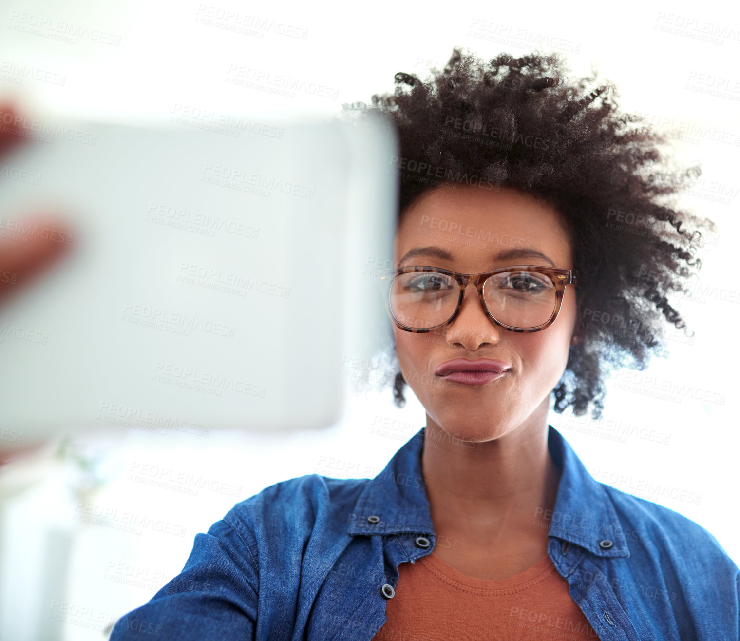 Buy stock photo Portrait, profile picture and selfie with happy black woman in home for social media post or update. Glasses, internet and pout with face of confident afro person in apartment for photograph