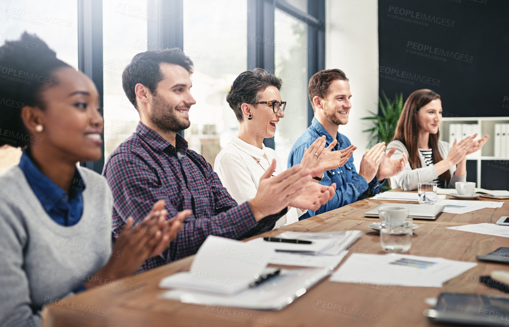 Buy stock photo Applause, presentation and business people in meeting, conference or workshop in boardroom. Celebration, group and teamwork or employees clapping for support in office, goals and company results