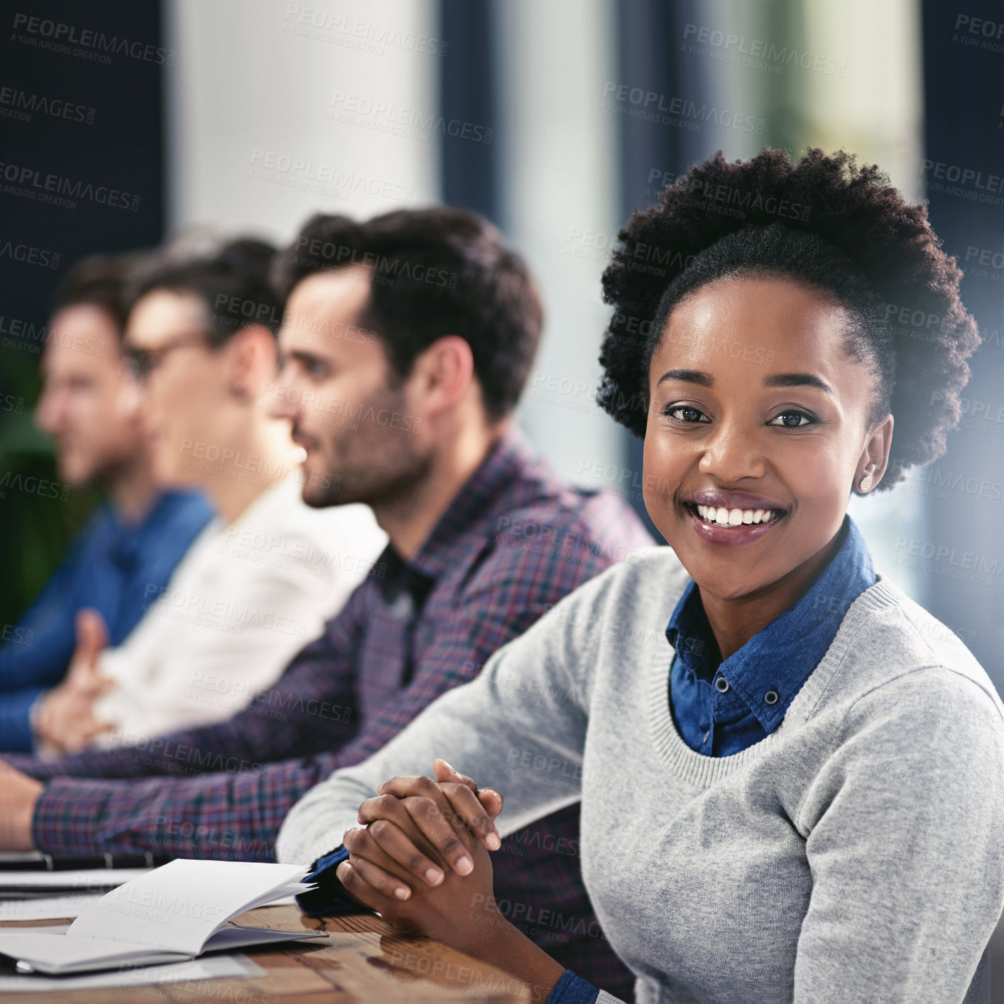 Buy stock photo Happy black woman, portrait and meeting with confidence in career startup or ambition at office conference. African, female person or creative employee with smile in business development at workplace