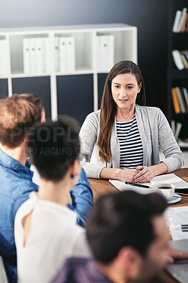 Buy stock photo Business people, documents and meeting with discussion in office for proposal, planning and brainstorming. High angle, woman and paper on desk for financial report, teamwork and investment review