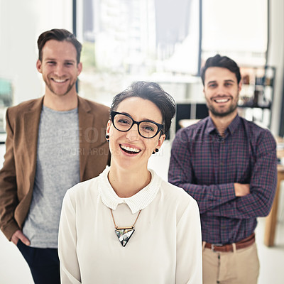 Buy stock photo Portrait, collaboration and management with a business woman and her team standing in the office together. Leadership, manager and teamwork with a group of businesspeople looking confident about work