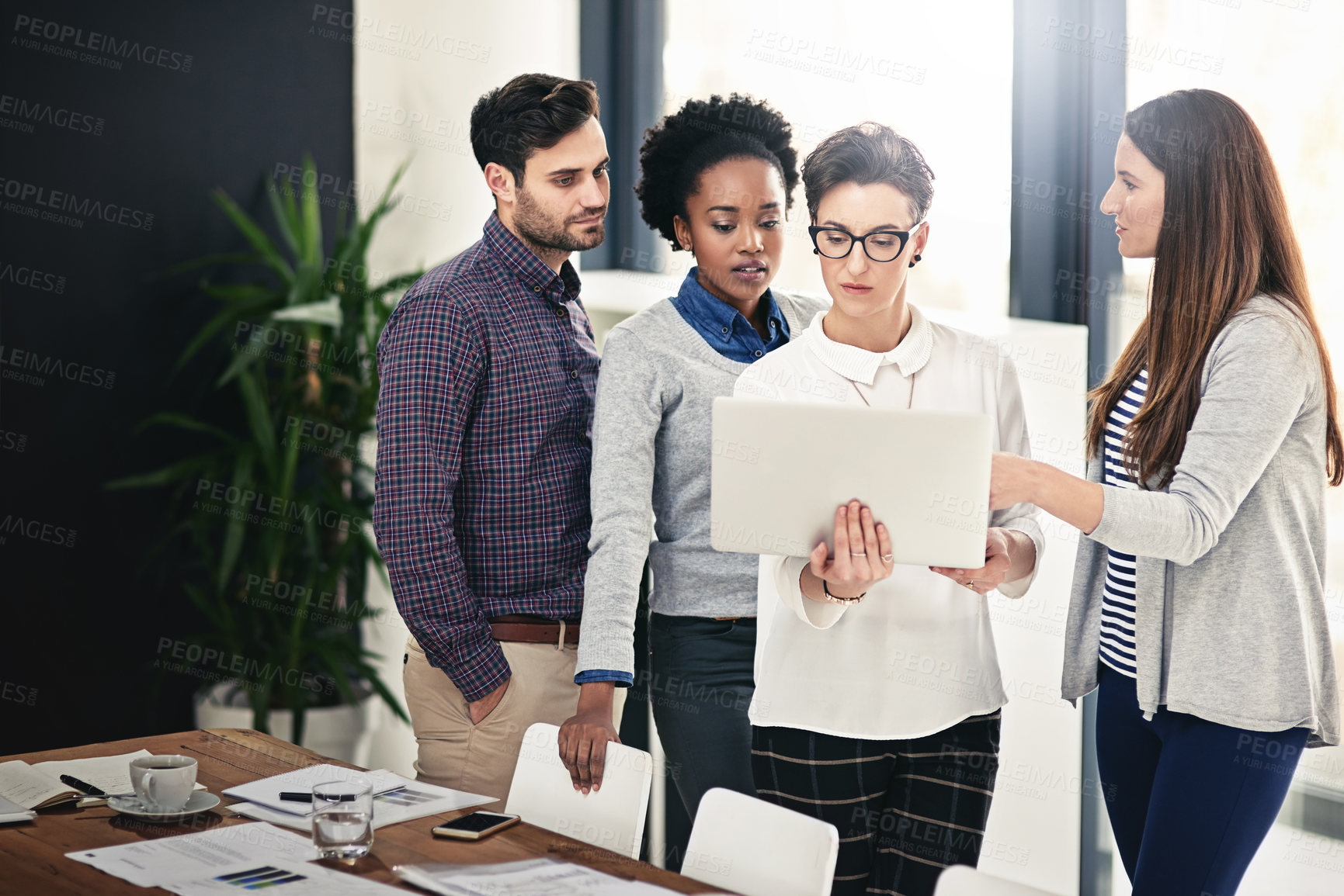 Buy stock photo Business people, laptop and meeting in office for teamwork, project collaboration and communication. Technology, group or colleagues in boardroom together for planning, ideas and brainstorming