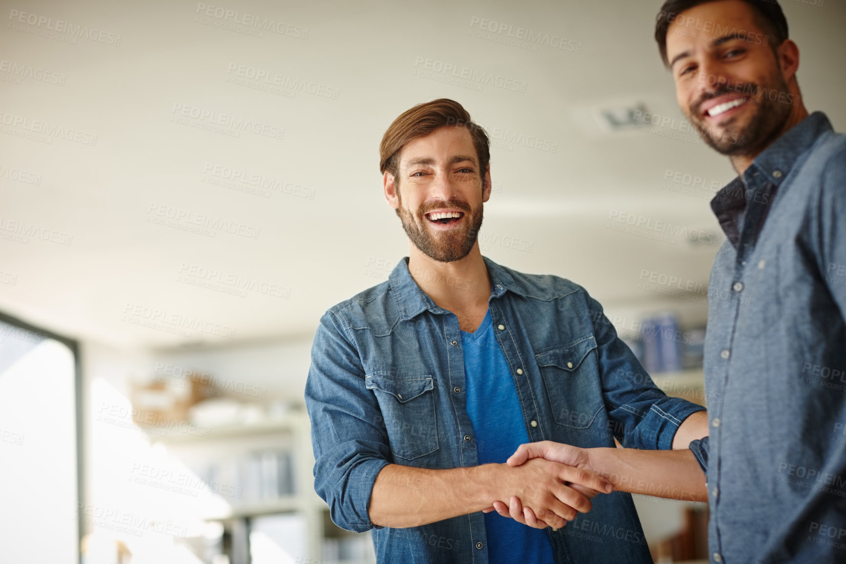 Buy stock photo Handshake, meeting and portrait with business people in office for welcome, partnership and support. Introduction, agreement and collaboration with employees shaking hands in agency for offer