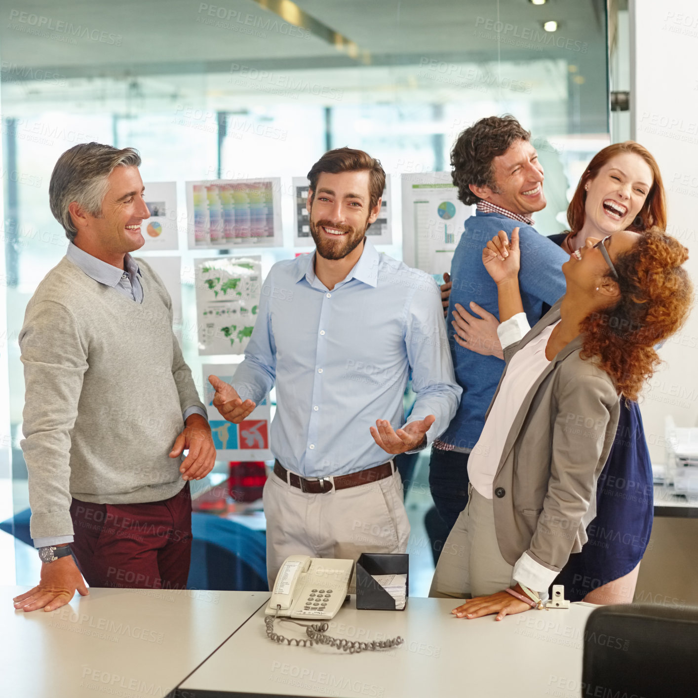 Buy stock photo Portrait of a businessman shrugging his shoulders during a fun meeting at work