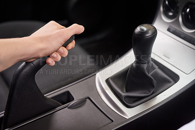 Buy stock photo Car, hand brake and person with interior to drive motor vehicle for petrol, speed and clutch control for journey. Auto, travel and zoom of luxury automobile for transmission, neutral or parking gear