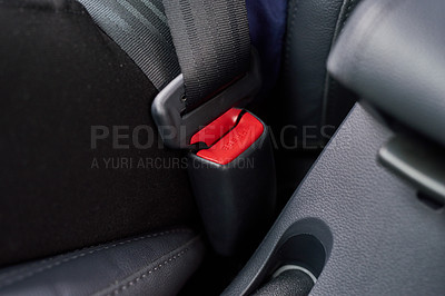 Buy stock photo Closeup shot of a seatbelt inside a motor vehicle