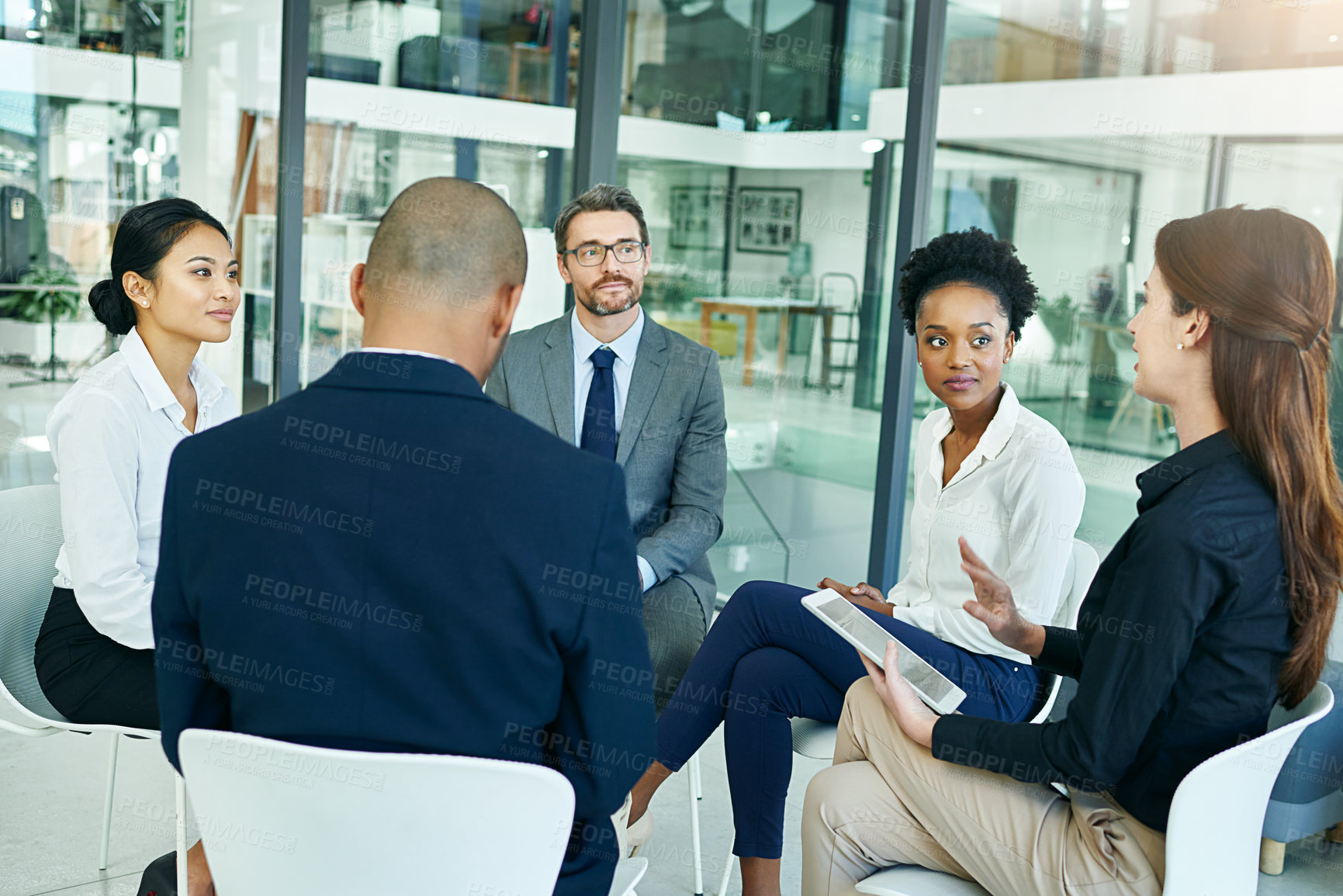 Buy stock photo Business people, corporate and meeting for teamwork with conversation for communication. Diversity, schedule and finance company with brainstorming for hiring of employees for growth in Germany.