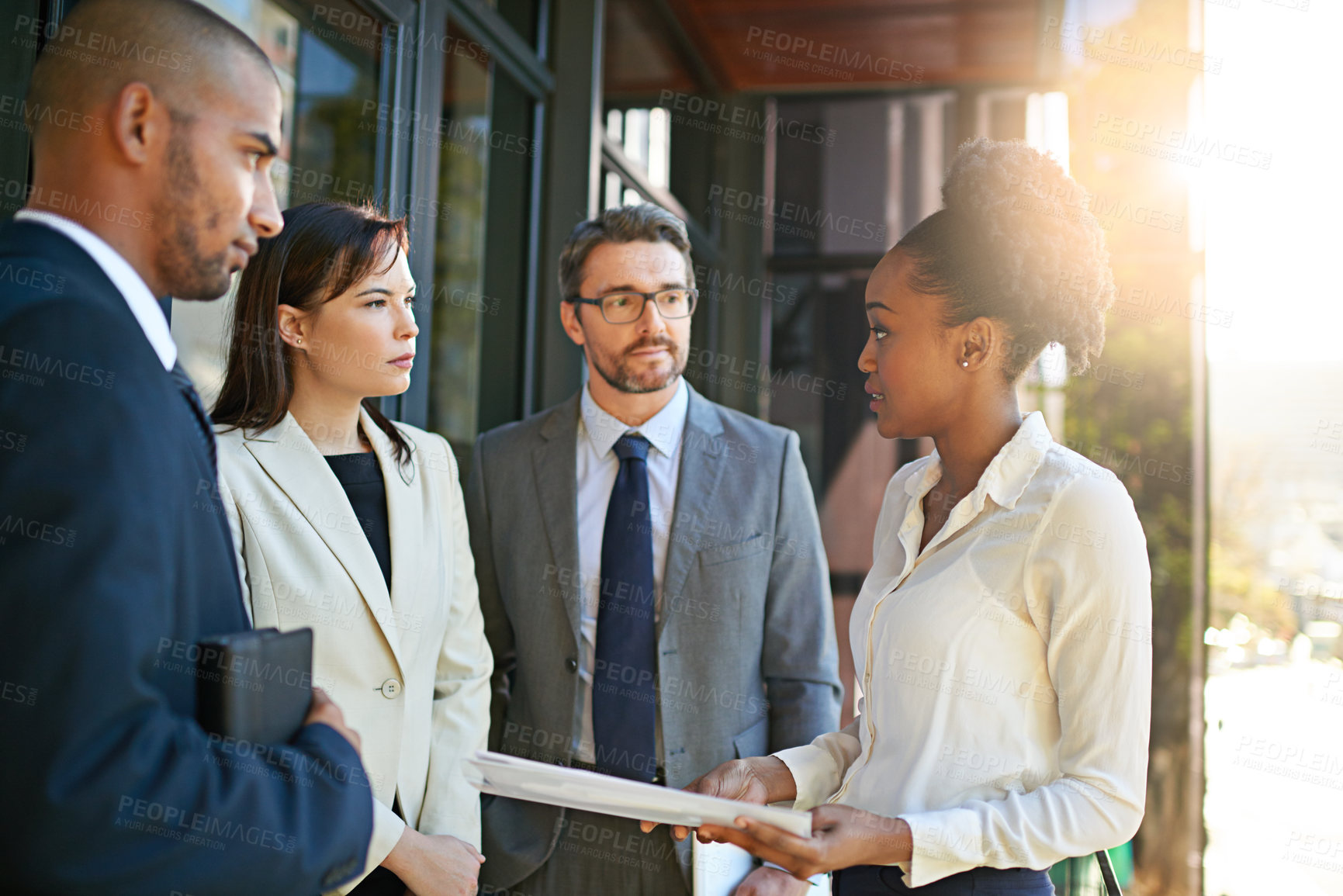 Buy stock photo Outdoor, men and woman with document, clients and reading paperwork for planning of project and deal. Collaboration, employees and executive in discussion for meeting, banker and folder for corporate