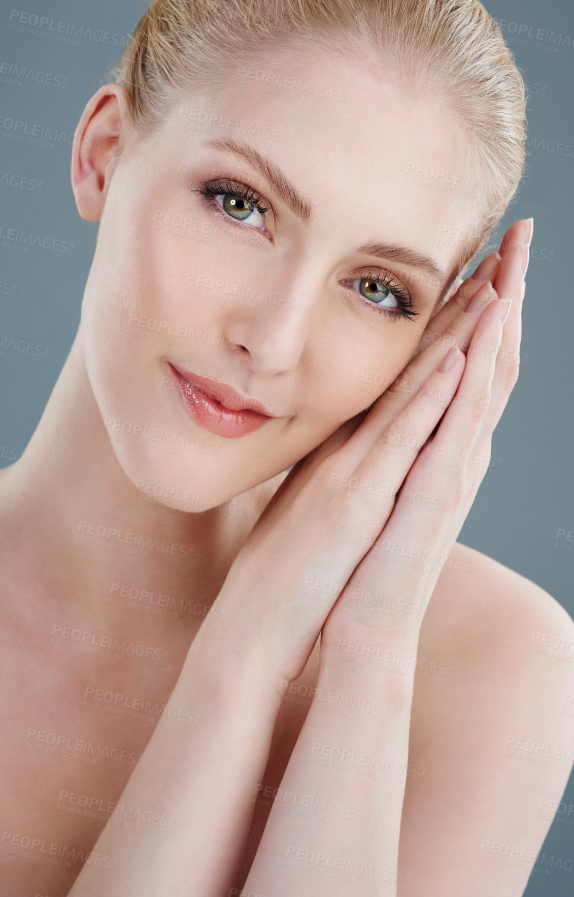 Buy stock photo Happy, skincare and portrait of woman in studio for wellness, cosmetics and facial treatment. Dermatology, spa aesthetic and person with smile for natural skin, beauty and salon on gray background