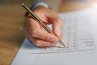 Buy stock photo Medical, paperwork and hands of a person with healthcare list and question for insurance. Checklist, box tick and application with hospital or clinic document with personal data or survey form