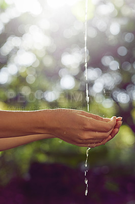Buy stock photo Outdoor, woman and hands with nature, cleaning and sunshine with spring, hygiene and remove dirt. Closeup, person and lens flare with splash, environment and habit for bacteria, wet and prevent germs