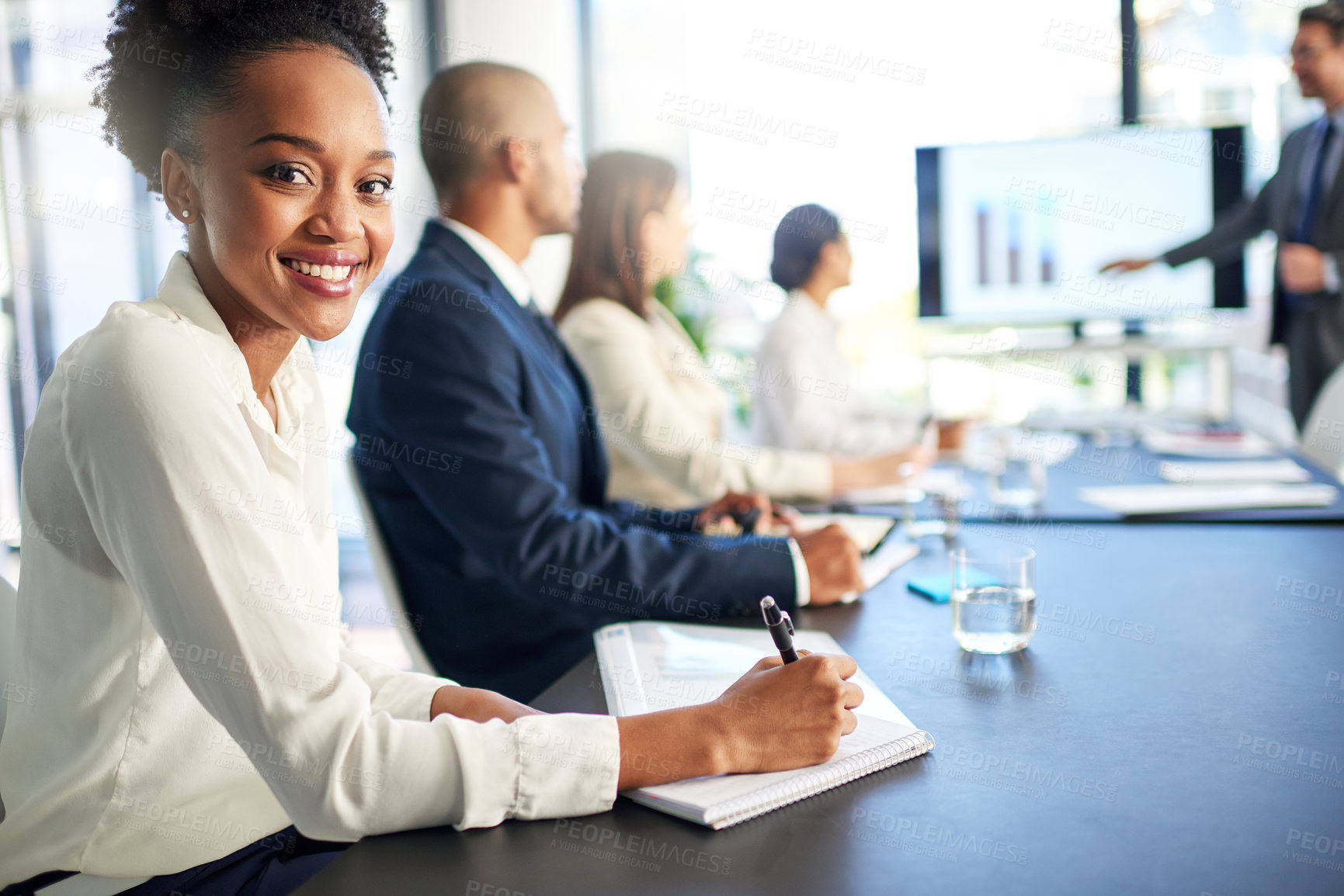 Buy stock photo Woman, employee and happy on portrait in boardroom with pride for career grow and opportunity as accountant. Female person, people and office for business presentation with statistics for feedback