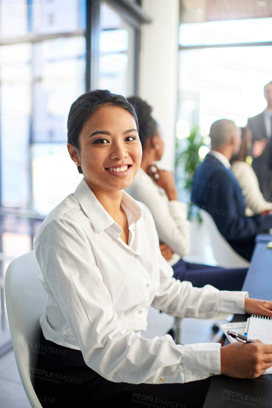 Buy stock photo Woman, employee and smile on portrait in boardroom with pride for career grow and opportunity as accountant. Female person, people and office for business meeting with workshop for feedback.