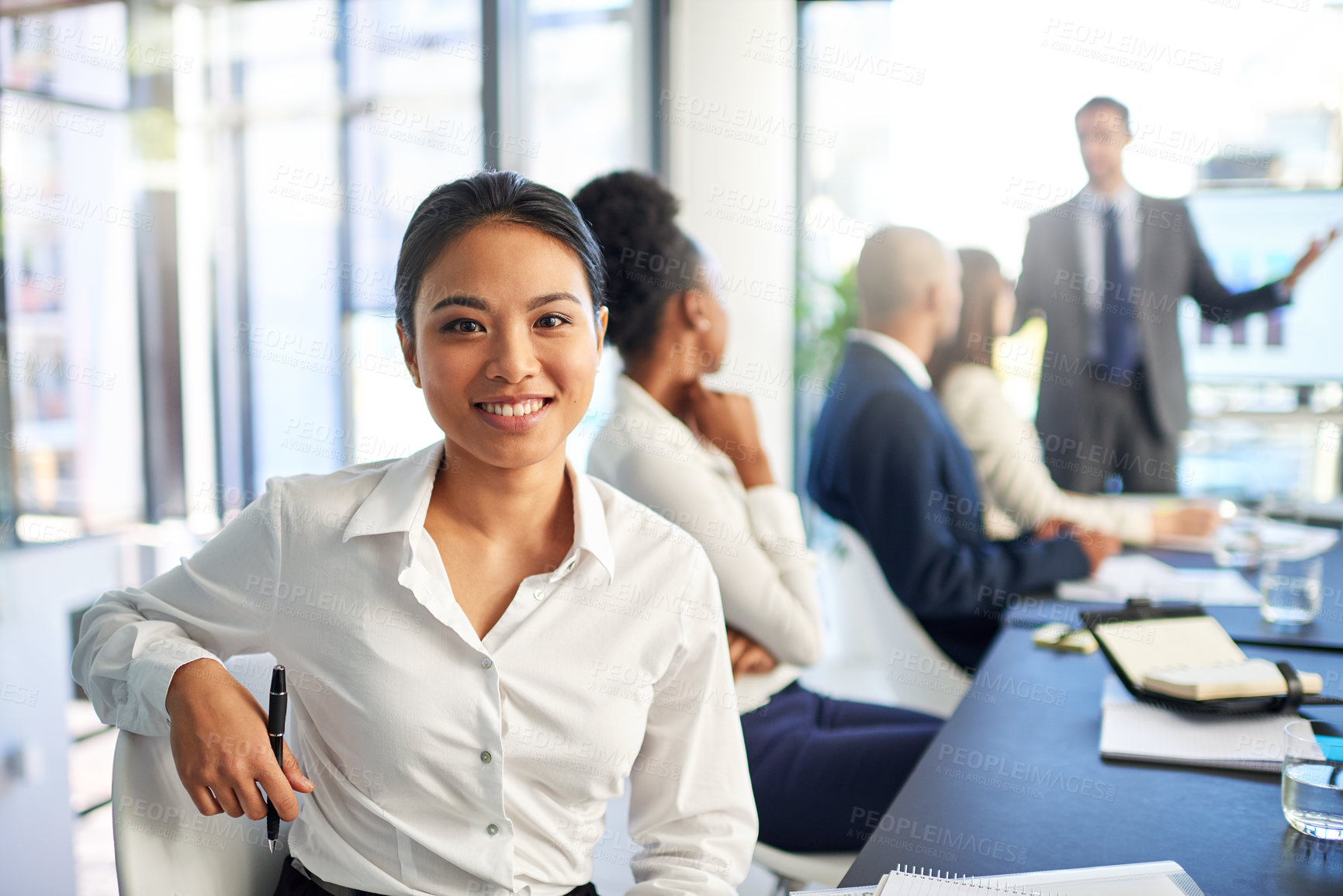 Buy stock photo Woman, employee and smile on portrait in boardroom with pride for career grow and opportunity as accountant. Female person, people and office for business presentation with statistics for feedback
