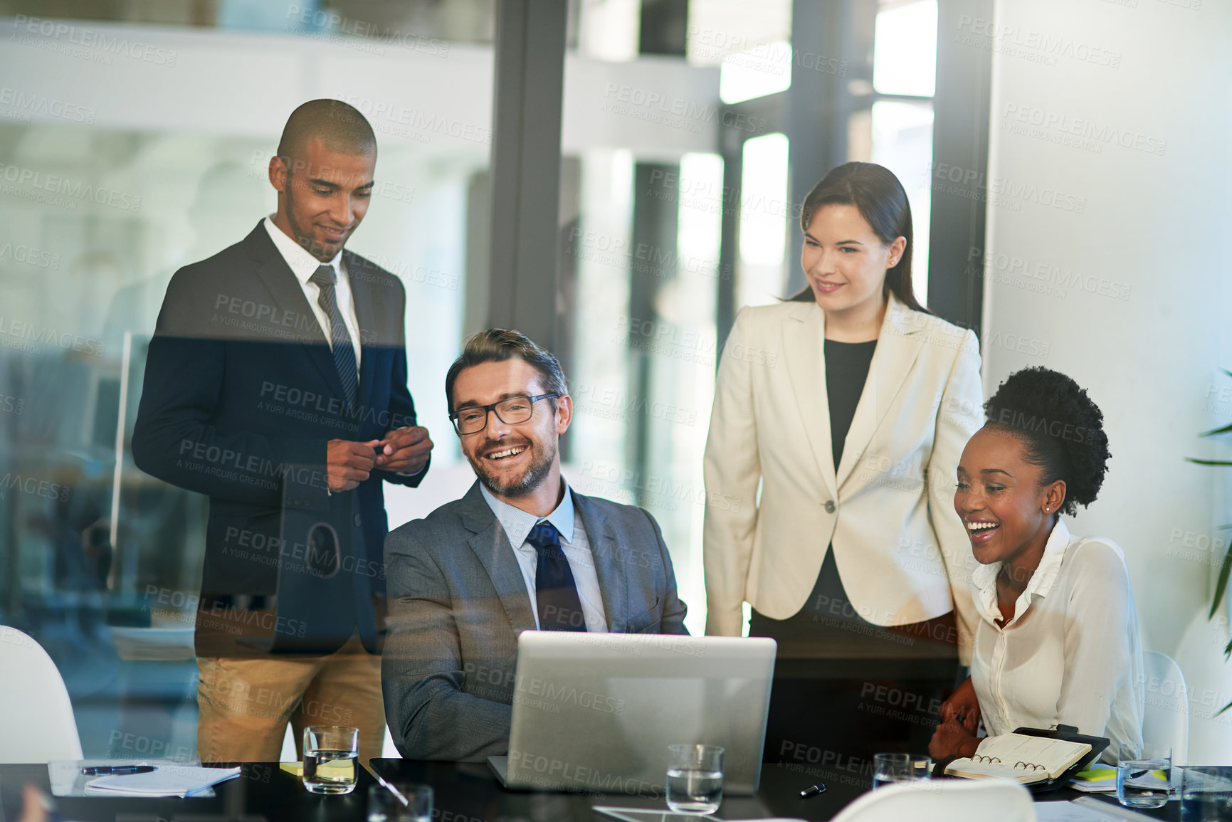 Buy stock photo Business, people and happy in boardroom with laptop for teamwork, collaboration and plan as accountant. Employee, smile and satisfied for financial reviews, records and audit with company account