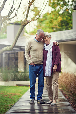 Buy stock photo Happy senior couple, garden and hug with smile, walk and together with love, bonding or freedom in winter. Old woman, man and embrace with care in backyard in retirement, nature or outdoor in morning