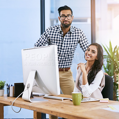 Buy stock photo Portrait of two businesspeople working together