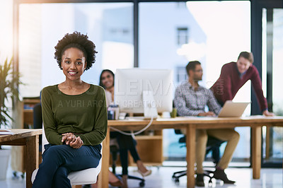 Buy stock photo Black woman, intern and portrait in office with colleagues, teamwork and collaboration. Professional, planning or business for creative web design company, sitting or learn and employee in workplace