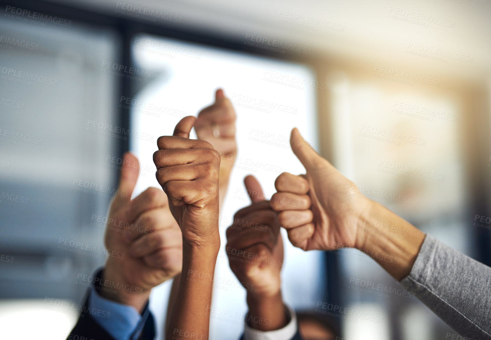 Buy stock photo Cropped shot of a group of businesspeople showing a thumbs up gesture