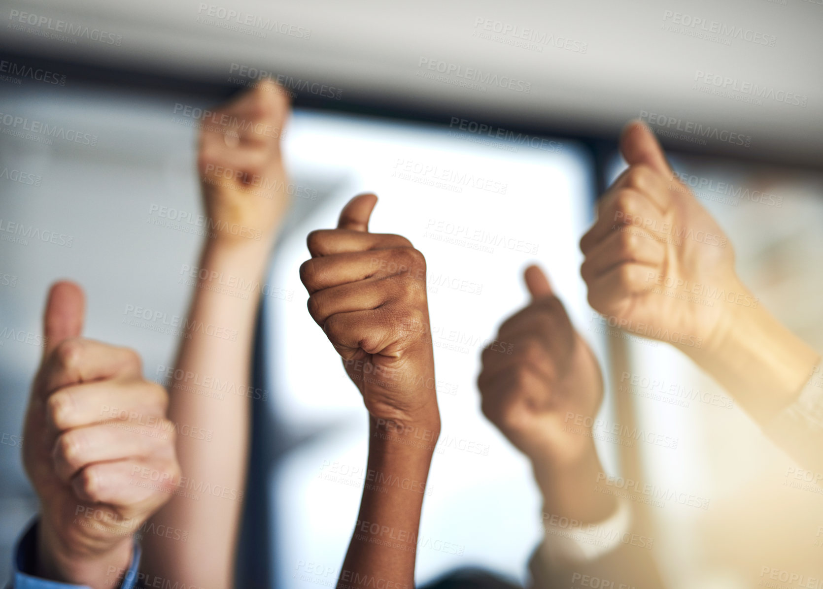 Buy stock photo Cropped shot of a group of businesspeople showing a thumbs up gesture