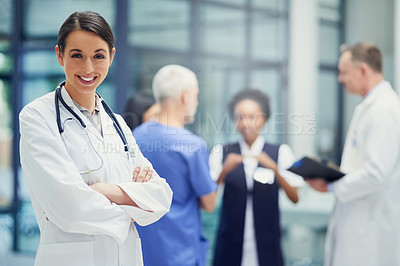 Buy stock photo Health care, happiness and portrait of woman doctor with mockup, confident smile in hospital and leadership in medicine. Healthcare career, mock up and happy medical professional in lobby of clinic.