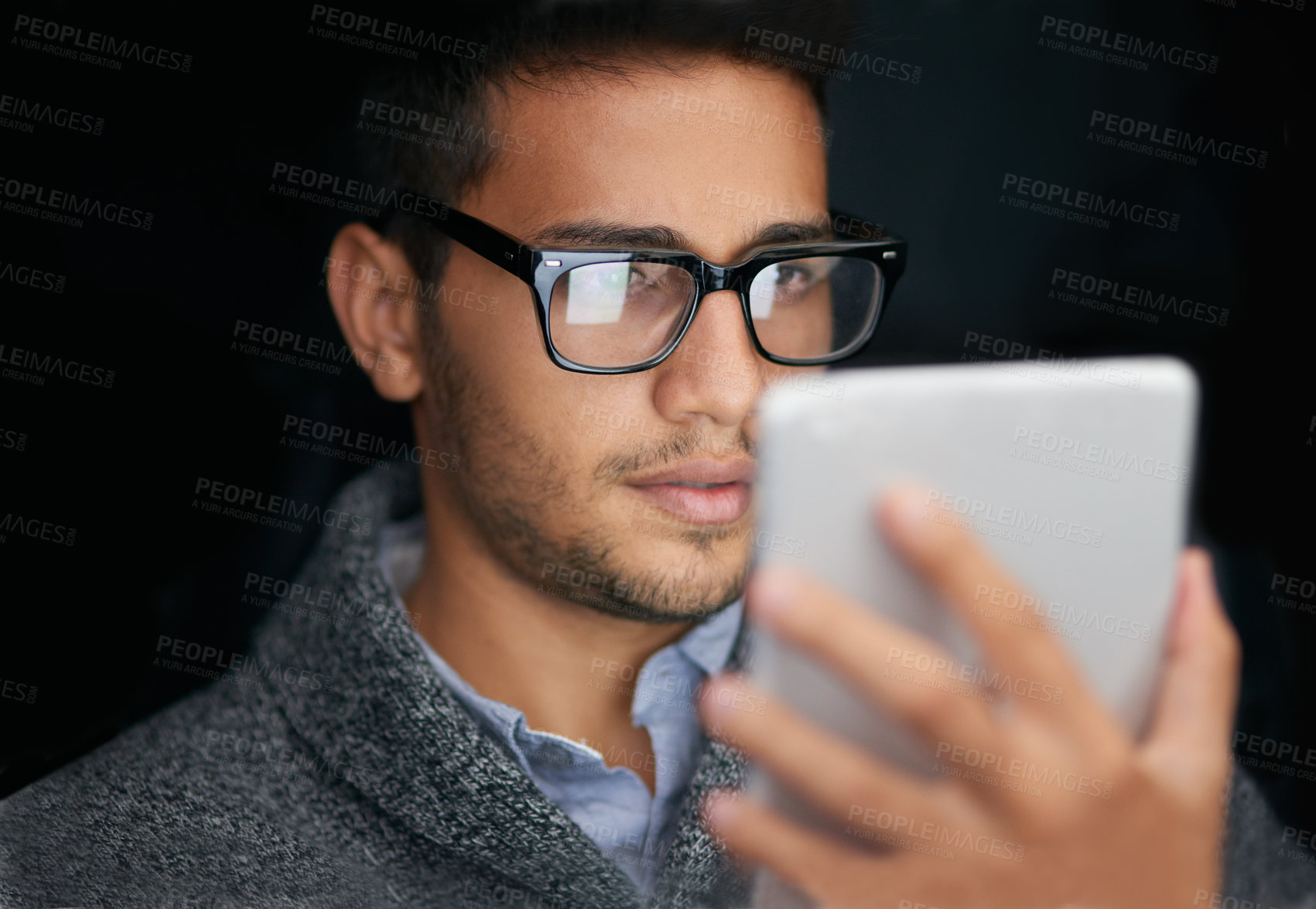 Buy stock photo Business, office and Indian man with tablet, glasses and internet for research, website info and digital app. Person, employee and agent with tech, online news and search with social media or eyewear