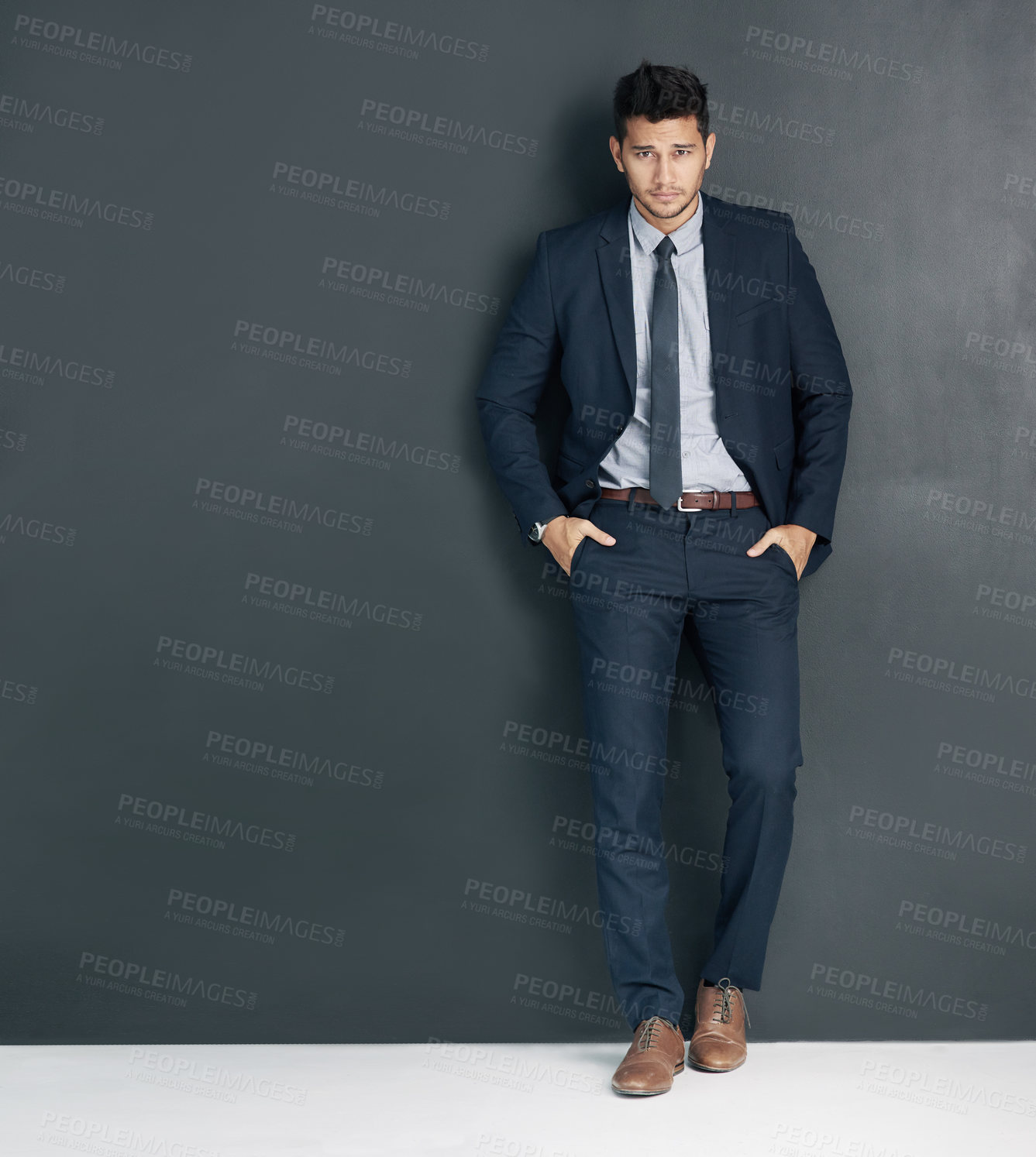 Buy stock photo Businessman, portrait and style with fashion in confidence for career ambition on a dark wall background. Full body of handsome man, employee or lawyer with stylish or formal clothing on mockup space