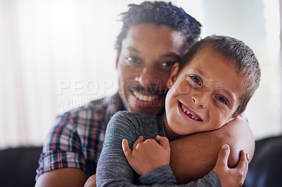 Buy stock photo Portrait of a father and son spending some quality time together at home