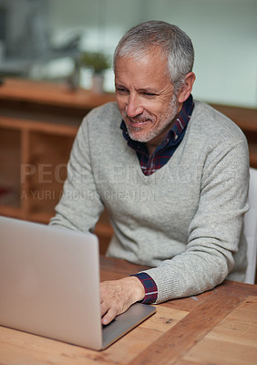 Buy stock photo Business, typing and mature man with laptop at desk for  report, email update or online project. Management, professional and consultant with tech for planning, information or networking in office