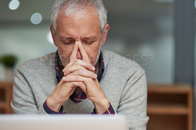Buy stock photo Businessman, stress and laptop in workplace for anxiety, frustrated and headache for project. Corporate male ceo, mental health and burnout for career, mistake and stock market problem or crisis