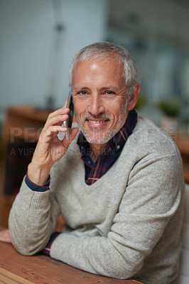 Buy stock photo Portrait, mature and businessman with phone call in office for communication with international client for networking. Smile, male boss and employee on mobile for discussion or chat on project deal 