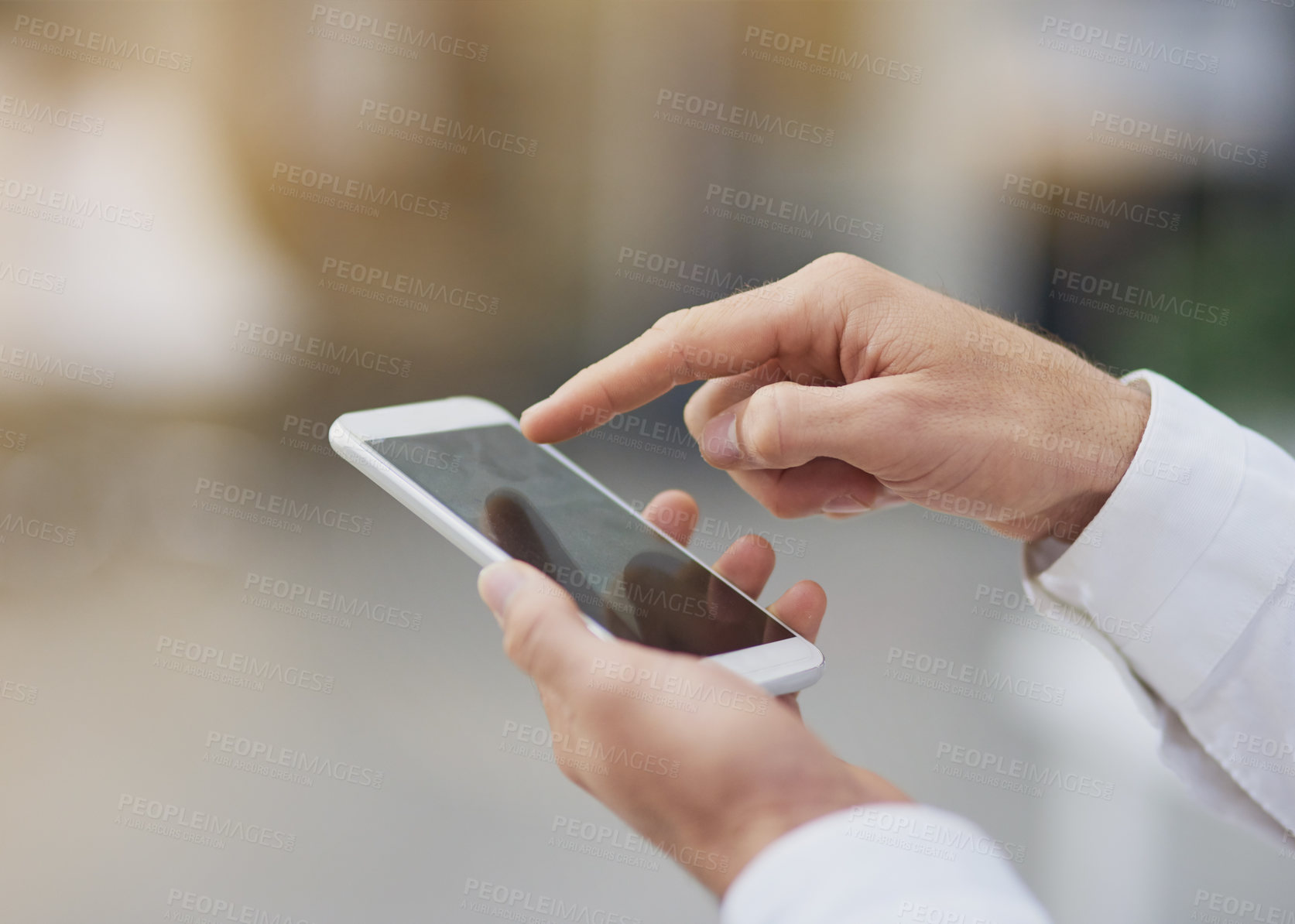 Buy stock photo Businessman, hand and smartphone outdoor typing on screen for communication, contact or social media. Male person, mobile or tech texting for networking, internet connection or conversation on app