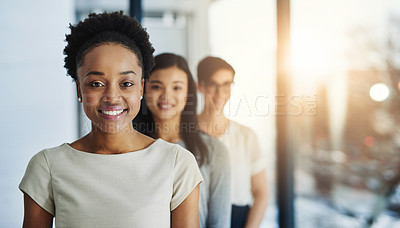 Buy stock photo Happy black woman, portrait and team leadership in office with happiness, motivation and professional staff. Face, smile and female employees in empowerment, pride and confident in business diversity