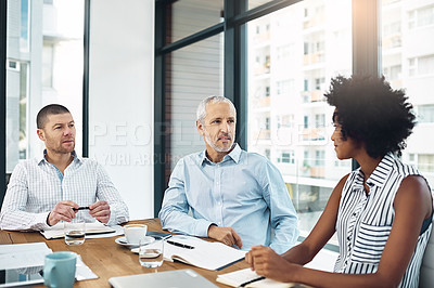 Buy stock photo Discussion, corporate and business people in office with documents for stock market research project. Meeting, collaboration and team of financial advisors with paperwork for company budget plan.