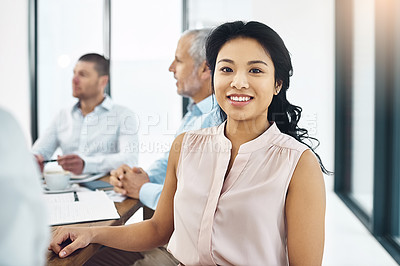 Buy stock photo Woman, portrait and business in boardroom with smile for meeting, planning for global sales. Female person, happiness and office with colleagues at table for work, collaboration with diversity
