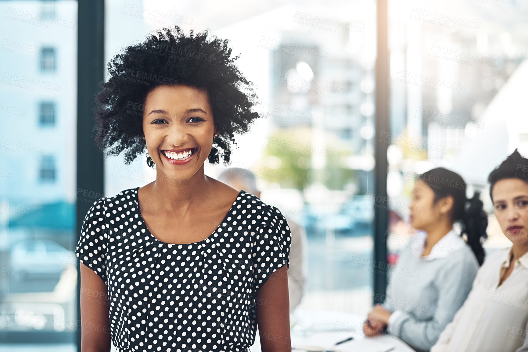 Buy stock photo Portrait, woman and happiness in workplace for internship, project review and meeting. Female person, smile and conference in office for trainee position at creative agency in New York city.