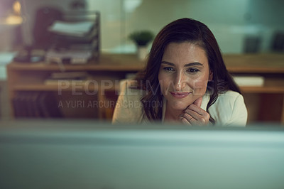 Buy stock photo Office, computer and business woman at night working late on online project, planning and reading email. Corporate, professional and person on PC monitor for proposal review, website and research