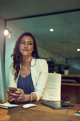 Buy stock photo Night, business and woman with smartphone, thinking and deadline with break, contact and social media. Employee, evening and consultant with cellphone, ideas and internet with schedule or digital app