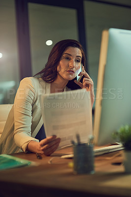 Buy stock photo Business, night and phone call with woman, document and  conversation with planning, check info and confirm date. Evening, sales rep or consultant with paperwork, cellphone or negotiation with review