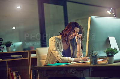 Buy stock photo Office, computer and tired business woman for working late on online project, planning and networking. Corporate, professional and person exhausted on PC for proposal review, website and research